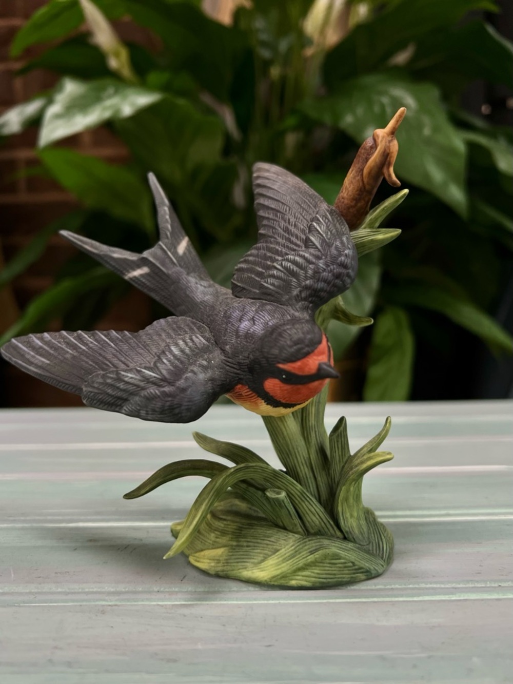 Lenox Hand-Painted Barn Swallow  Figurine with Orange Face on Green Cattails